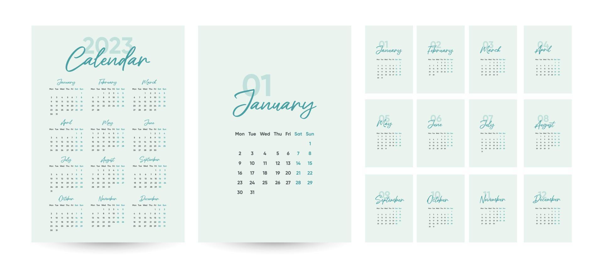 maandelijks kalender 2023 sjabloon in modieus minimalistische stijl, Hoes concept, reeks van 12 Pagina's bureau kalender, 2023 minimaal kalender ontwerper ontwerp voor het drukken sjabloon in blauw vector