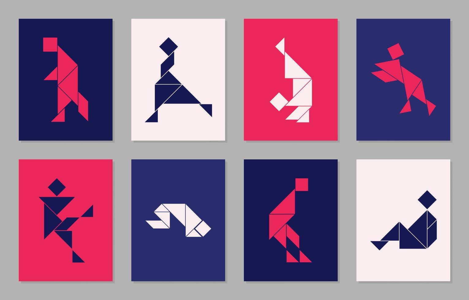 meetkundig posters met 8 tangram mensen in verschillend poseert. meetkundig vormen Hoes ontwerp. decoupeerzaag voor kinderen. vector illustratie.