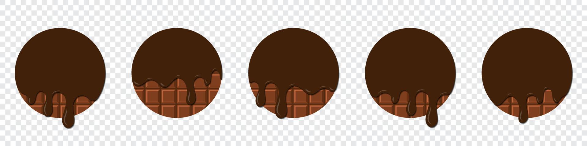 reeks van chocola druppels. druipend gesmolten chocola. realistisch gesmolten chocola. chocola druppels. smelten chocola. bruin vloeistof nagerecht, zoet druppelen smelten. vector illustratie