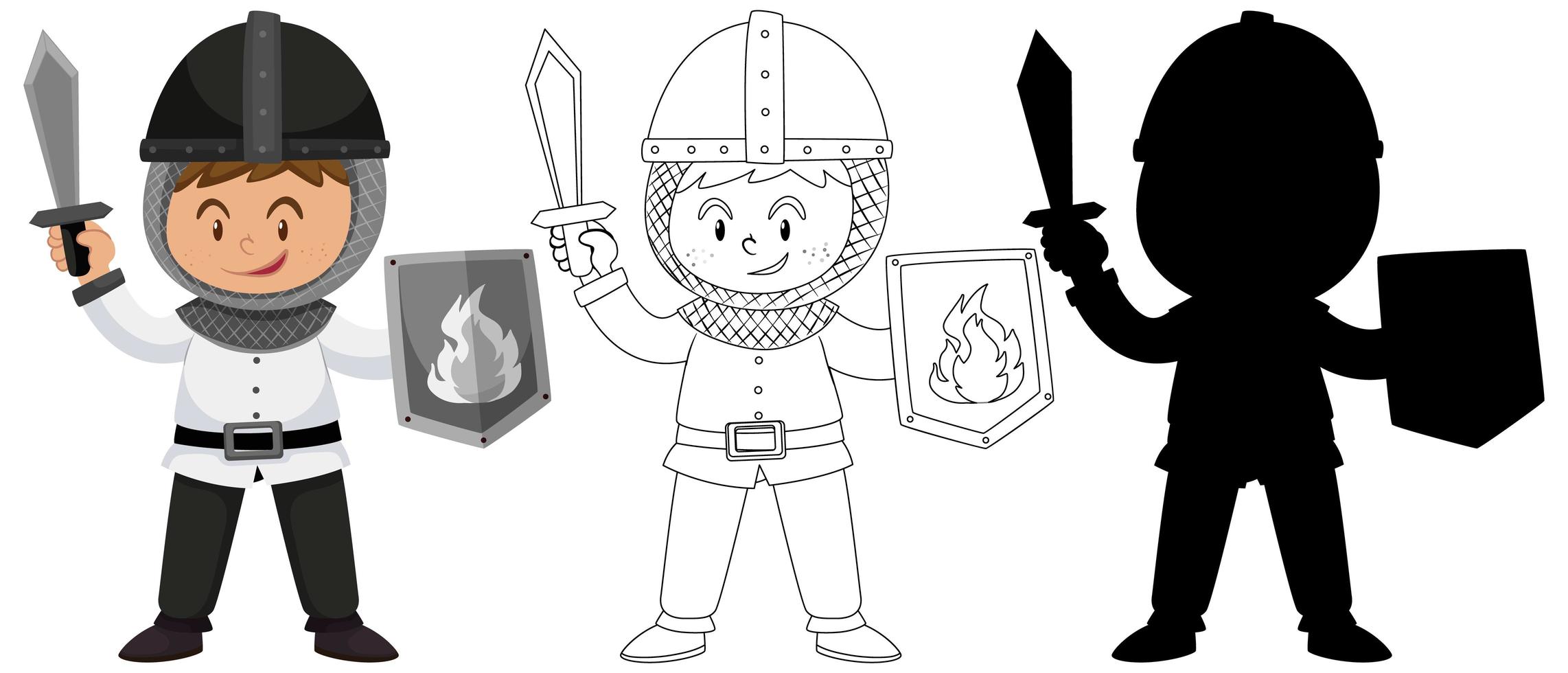 jongen draagt een ridder kostuum set vector