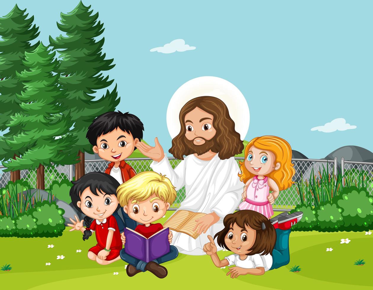 jezus met kinderen in het park vector