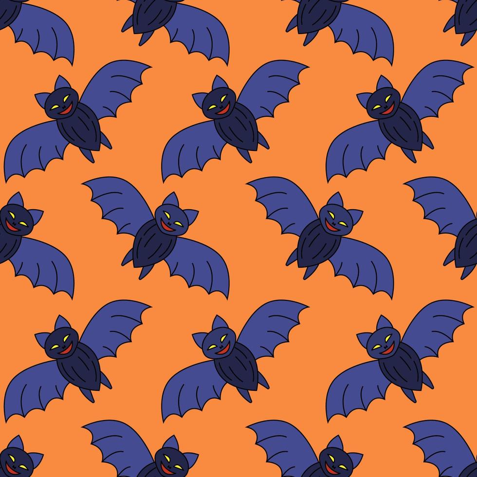 vector tekenfilm vleermuizen Aan oranje achtergrond. halloween schattig naadloos patroon met karakter