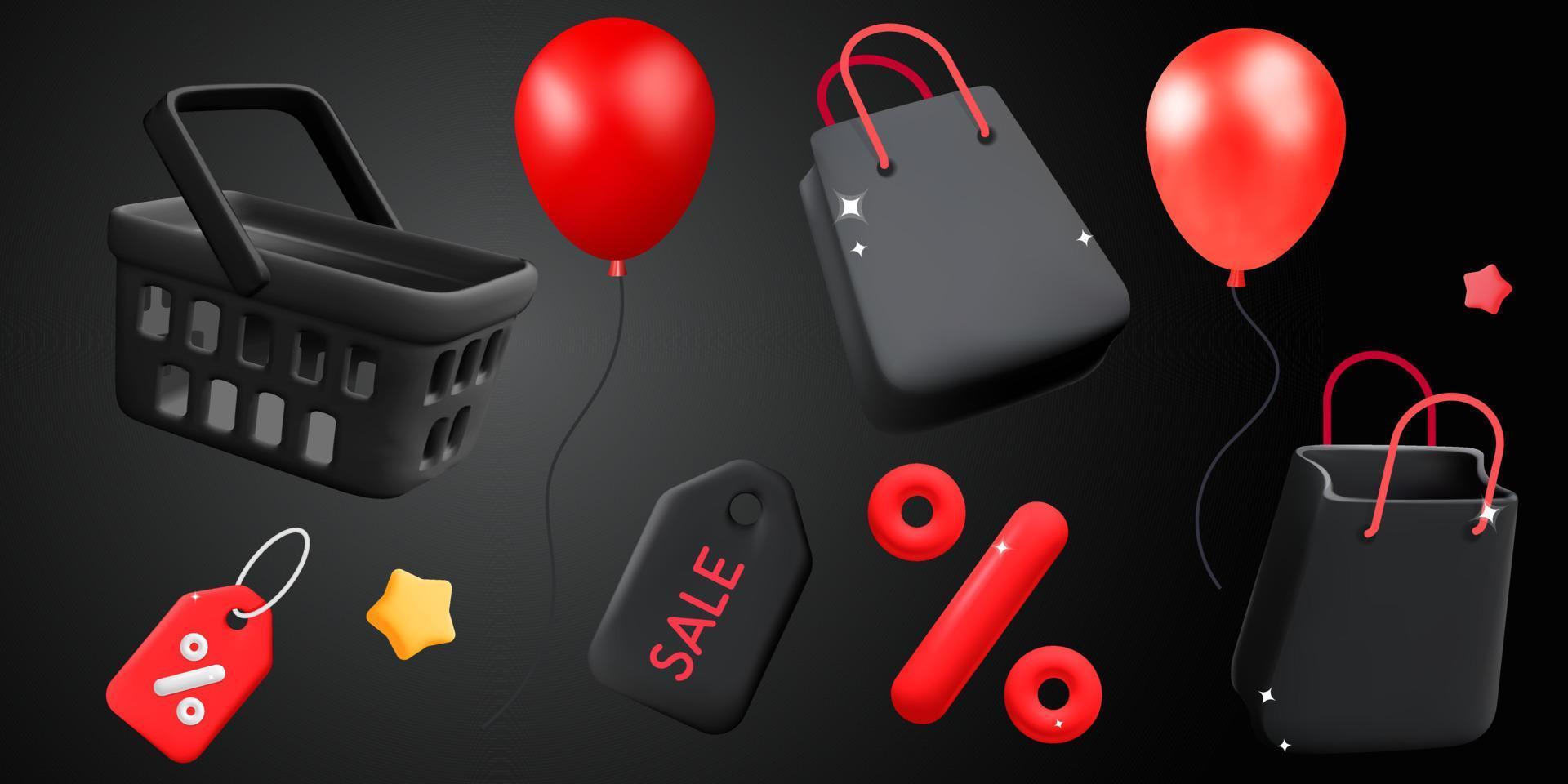 3d vector verzameling icoon voorwerp voor zwart vrijdag online boodschappen doen uitverkoop korting label, geschenk tas, mand, ballon ontwerp
