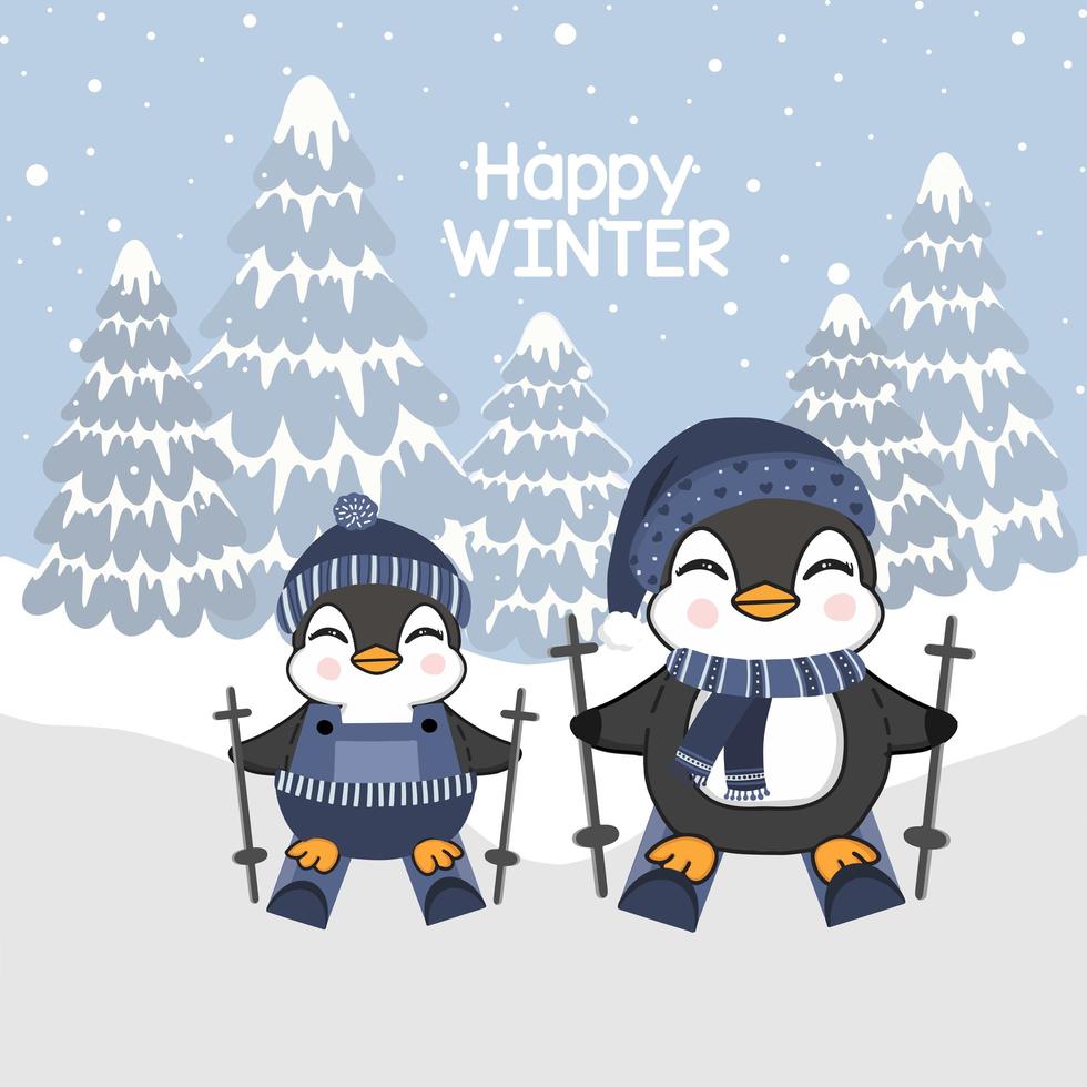 kleine pinguïns skiën voor wintervieringsontwerp vector