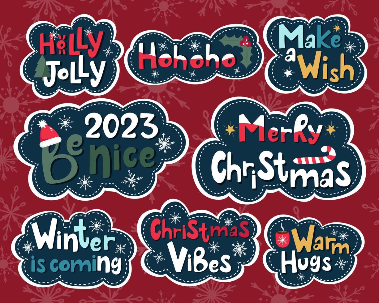 reeks van kleurrijk vector hand getekend belettering stickers over winter. vrolijk kerstmis, winter is komt eraan, warm knuffels, maken een wens, 2023 worden leuk, Kerstmis gevoel.