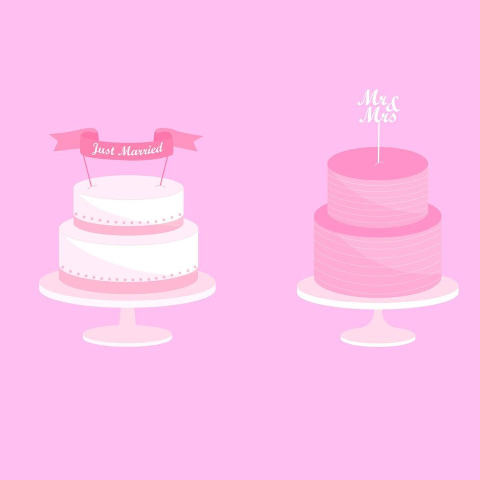 reeks van feestelijk roze bruiloft cakes met inscripties vector