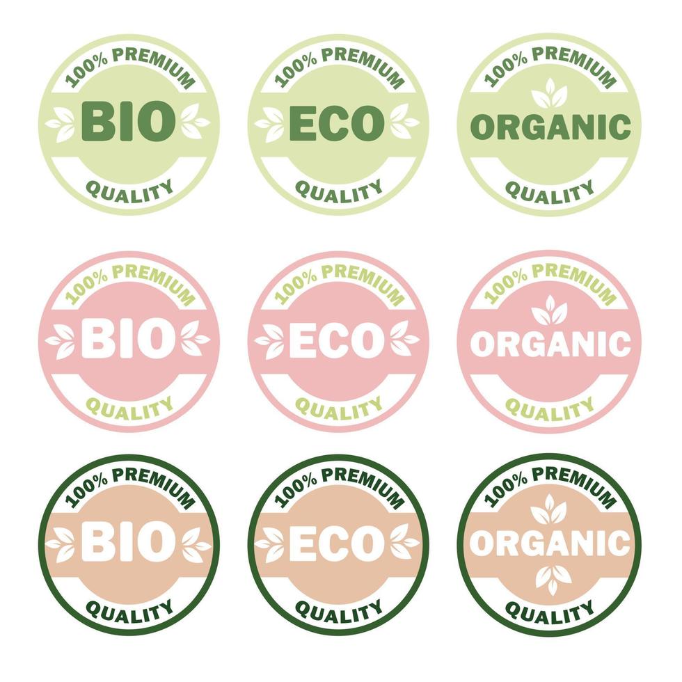 reeks van ecologisch, bio, biologisch producten sticker, label, insigne en logo. premie kwaliteit. milieuvriendelijk kenteken. logo sjabloon voor biologisch en eco vriendelijk producten. vector