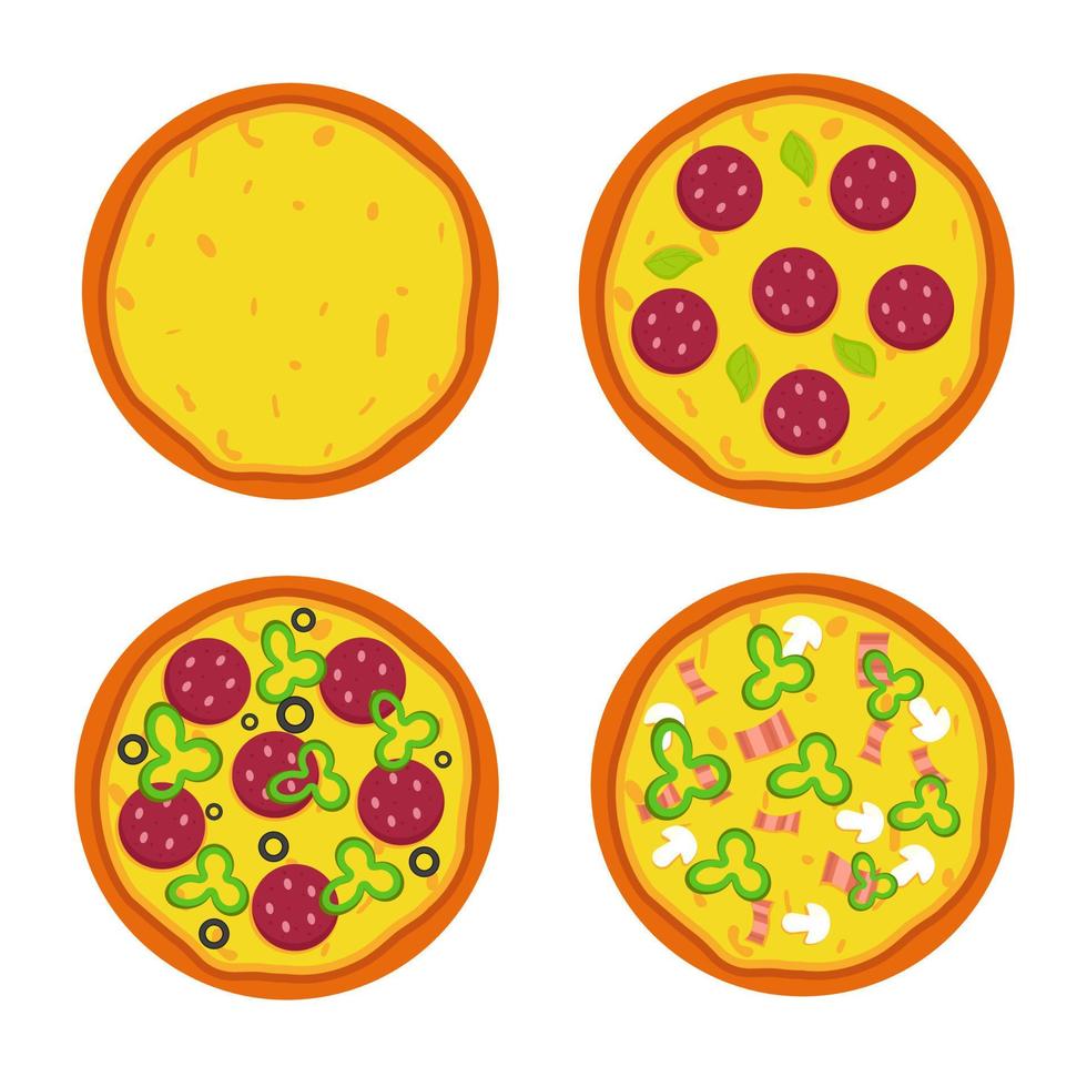 geheel pizza met verschillend smaken. snel voedsel illustratie vector