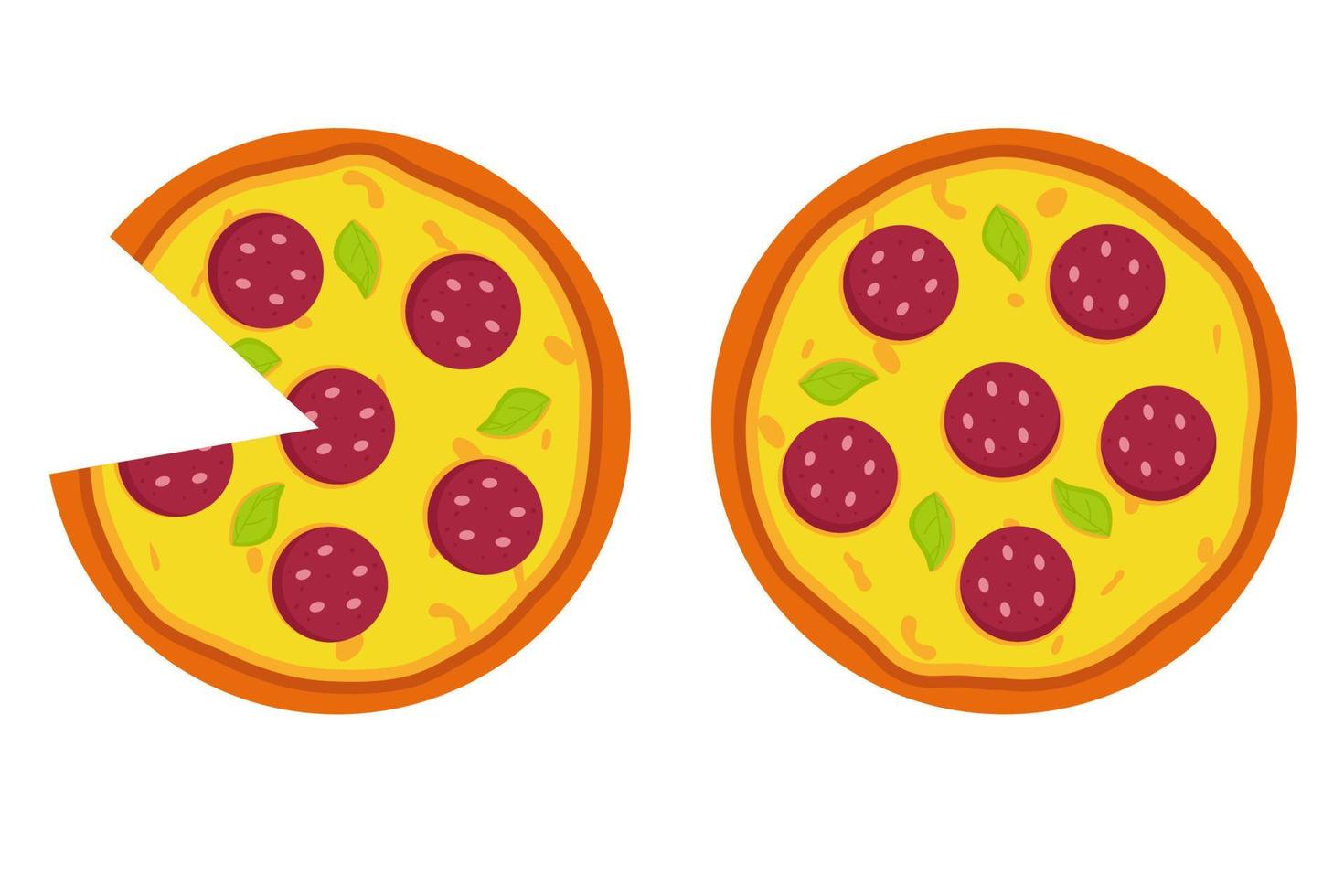 geheel pizza met salami toppings. snel voedsel illustratie vector