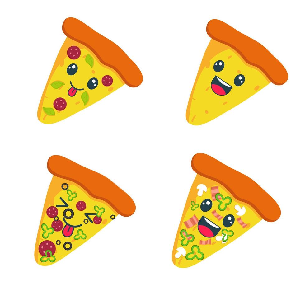 kawaii pizza plakjes in verschillend smaken. een illustratie van snel voedsel vector