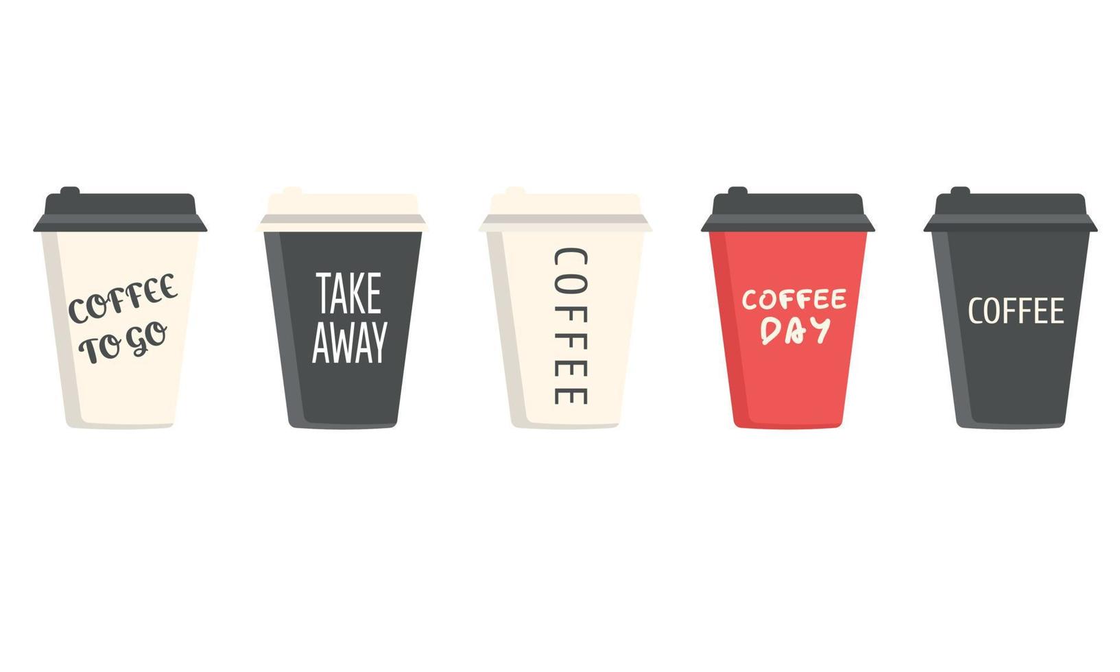 een reeks van verschillend papier koffie cups met inscripties. koffie, koffie naar Gaan, koffie dag, koffie naar Gaan vector