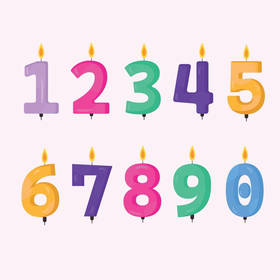 kaarsen voor taart met de aantal van leeftijden in tekenfilm stijl. vector