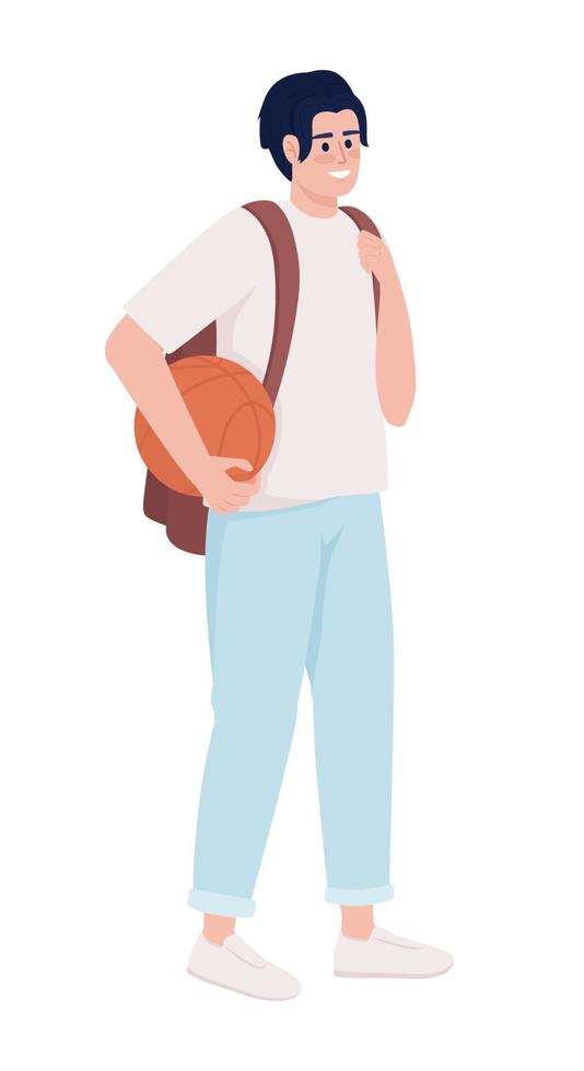 Mens Holding bal semi vlak kleur vector karakter. basketbal speler. bewerkbare figuur. vol lichaam persoon Aan wit. hobby gemakkelijk tekenfilm stijl illustratie voor web grafisch ontwerp en animatie