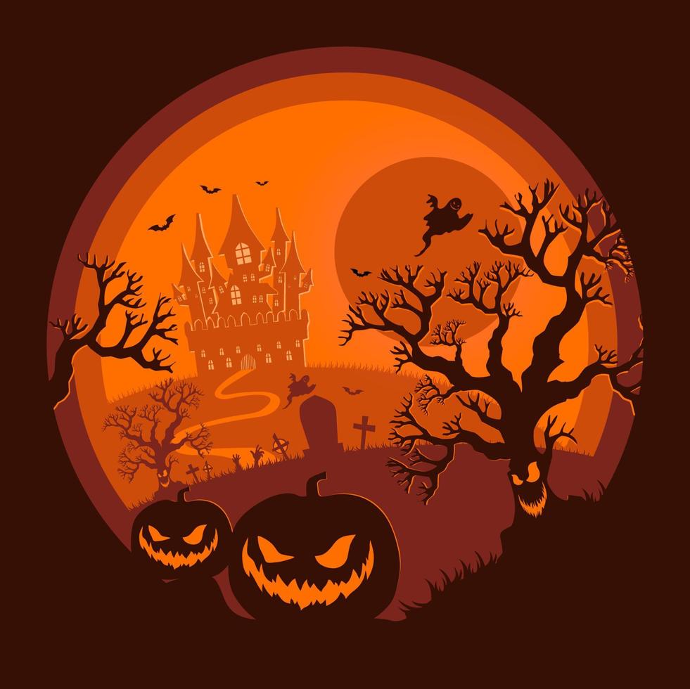halloween nacht achtergrond, pompoenen en donker kasteel. halloween poster oranje. vector