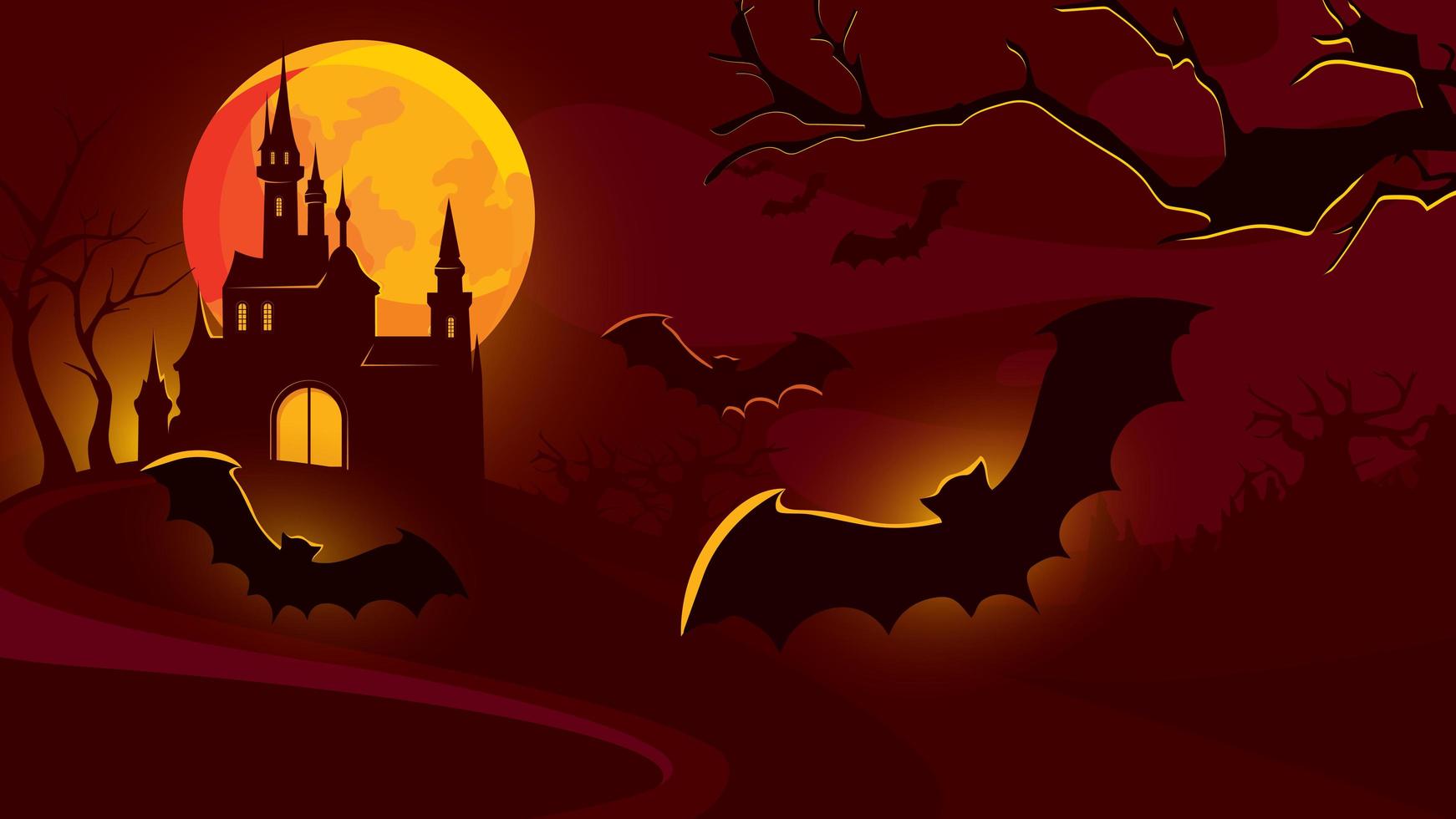 halloween-achtergrond met kasteel en vliegende vleermuizen. vector