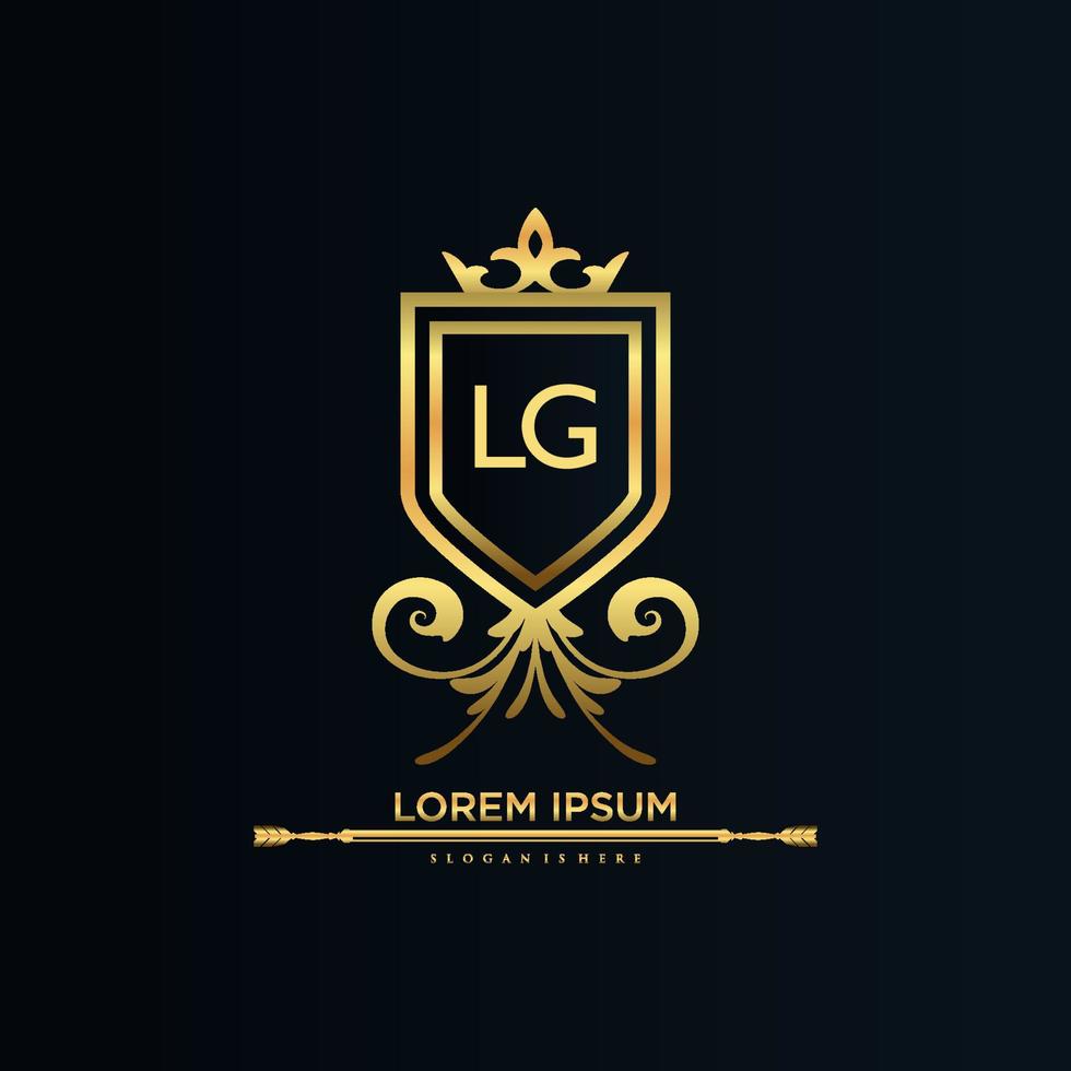 lg brief eerste met Koninklijk sjabloon.elegant met kroon logo vector, creatief belettering logo vector illustratie.