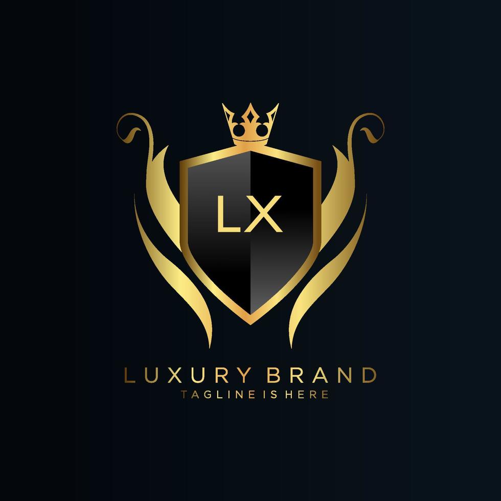 lx brief eerste met Koninklijk sjabloon.elegant met kroon logo vector, creatief belettering logo vector illustratie.