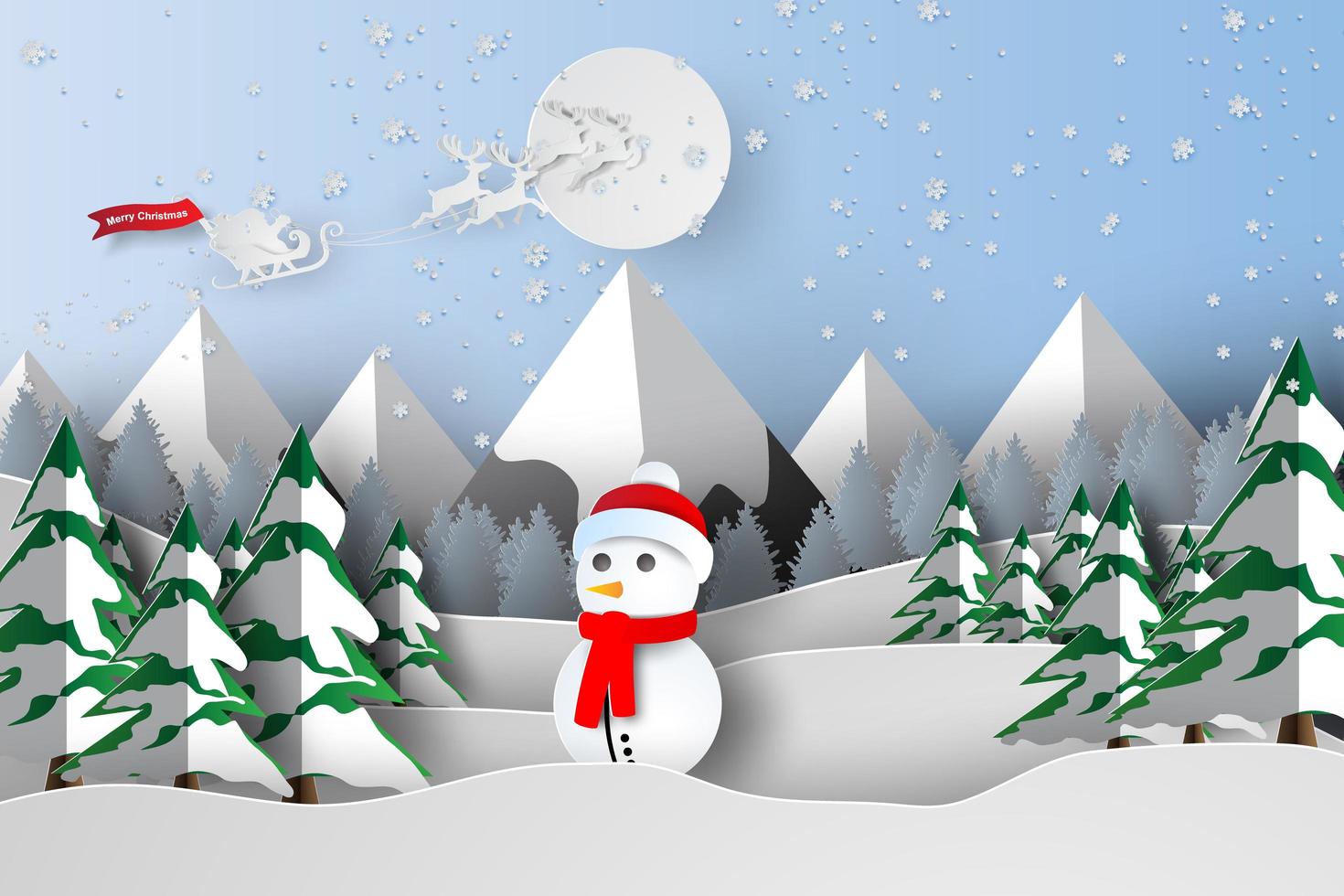 papierkunst van vrolijk kerstfeest met sneeuwpop vector