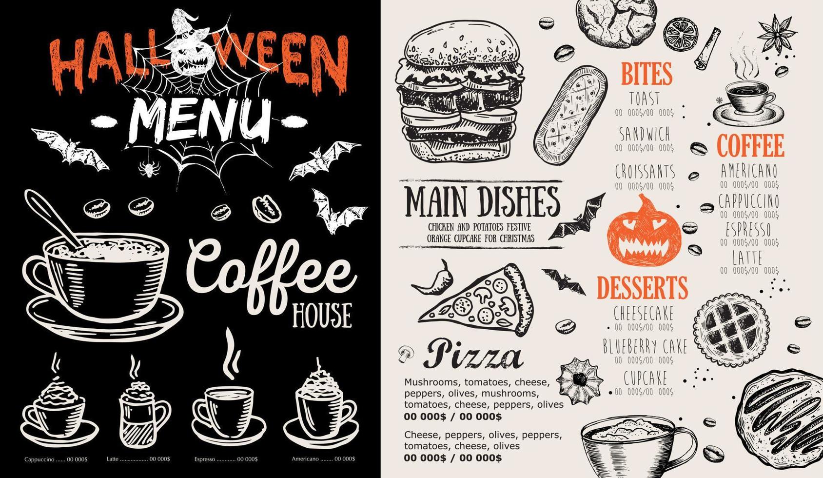 restaurant café-menu, sjabloonontwerp, halloween-menu, voedselflyer. vector
