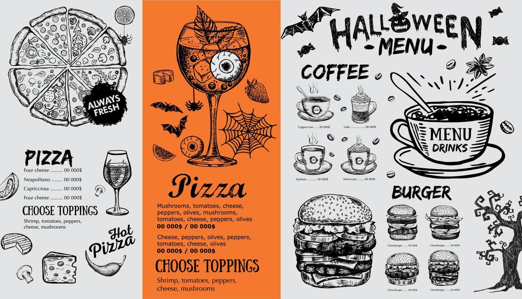 restaurant café-menu, sjabloonontwerp, halloween-menu, voedselflyer. vector