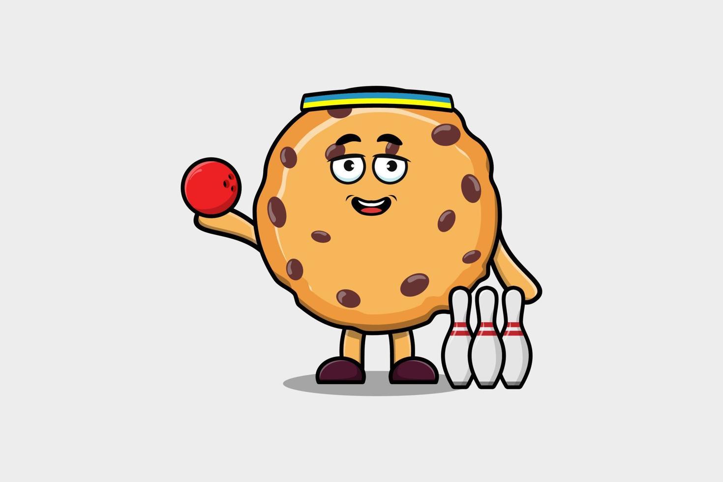 schattig tekenfilm biscuits karakter spelen bowling vector