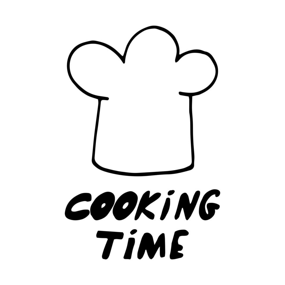 koks hoed en Koken tijd tekst hand- getrokken in tekening stijl. poster, sticker. scandinavisch, gemakkelijk, minimalisme, monochroom vector