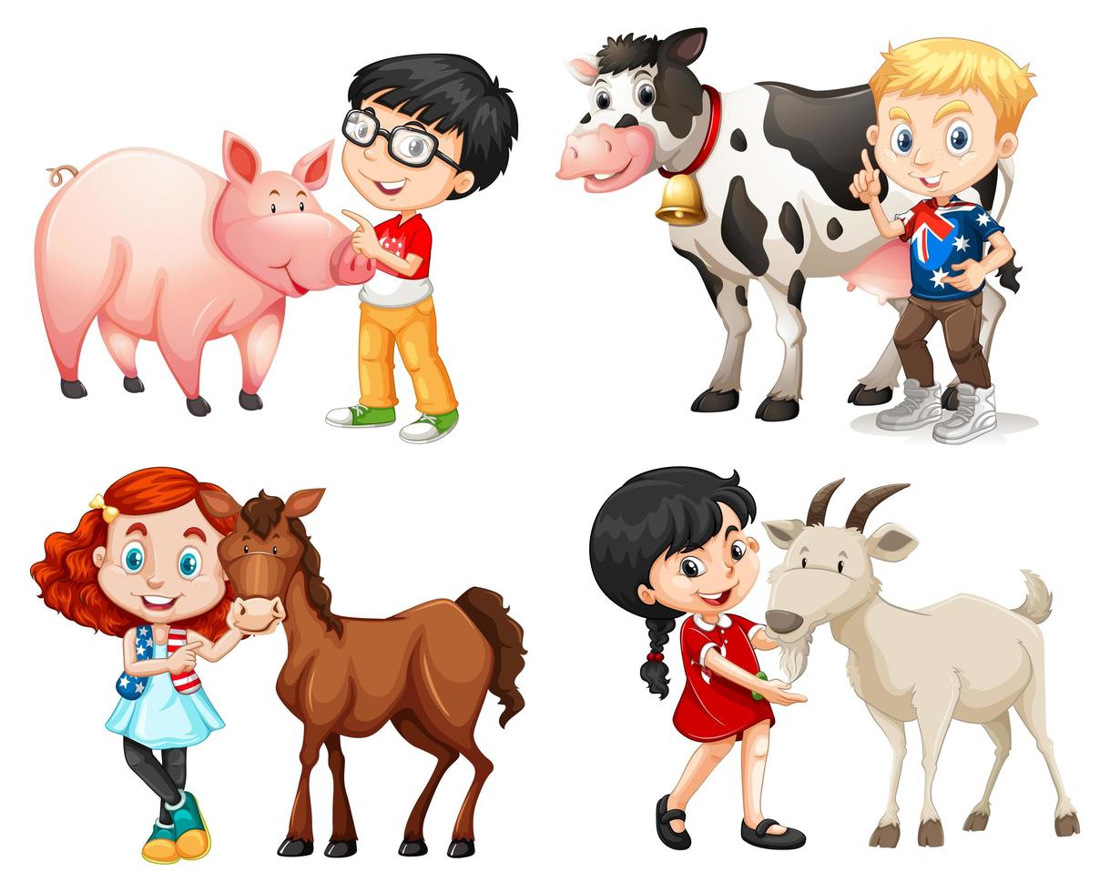 jongens en meisjes met boerderijdieren vector