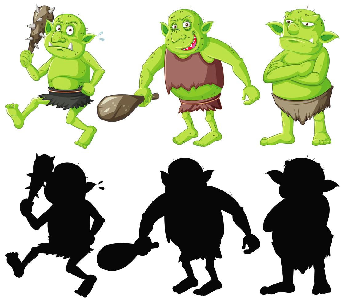 set van groene goblins met zwart silhouet vector