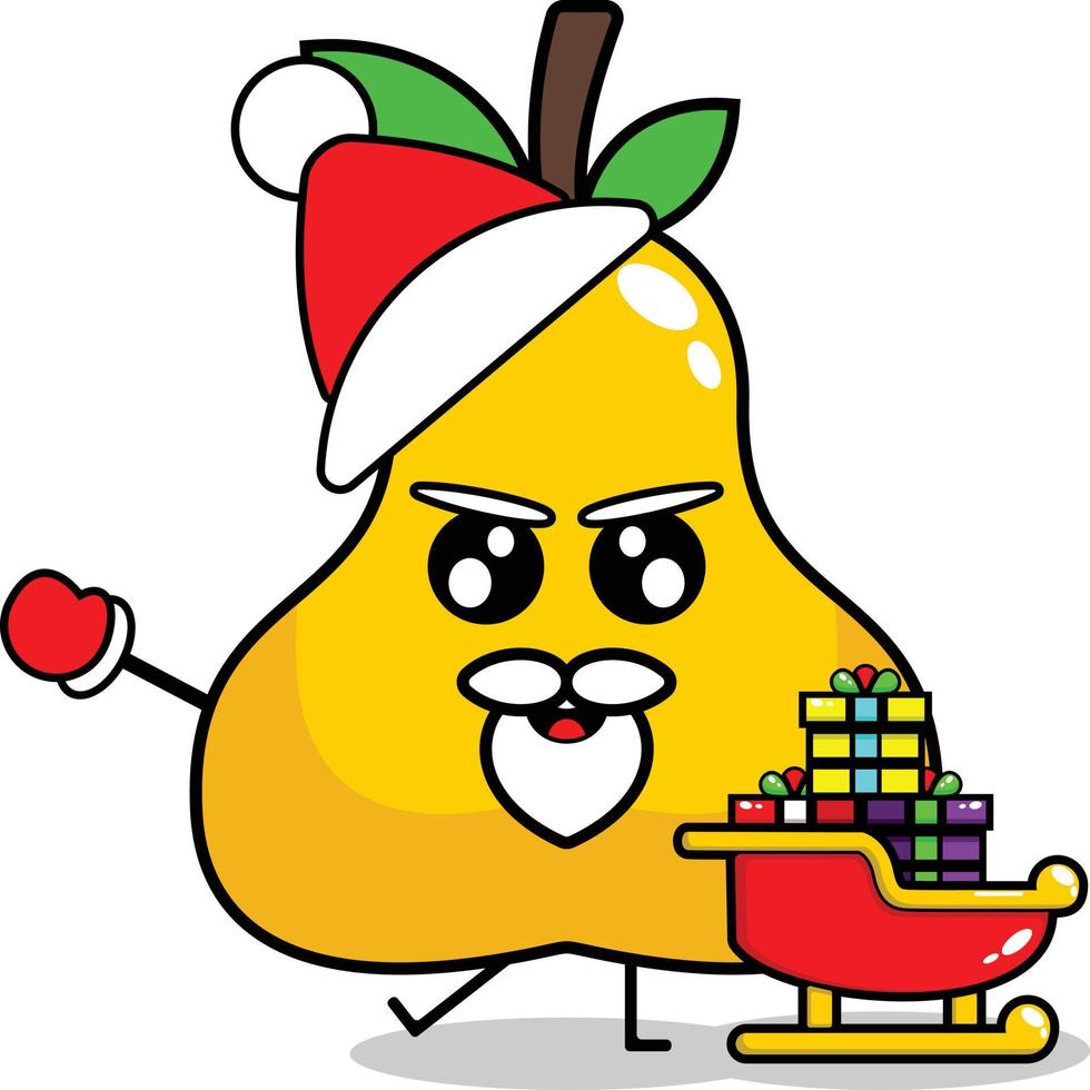 schattig Kerstmis Peer fruit mascotte vector met heilige clouse geschenk trein