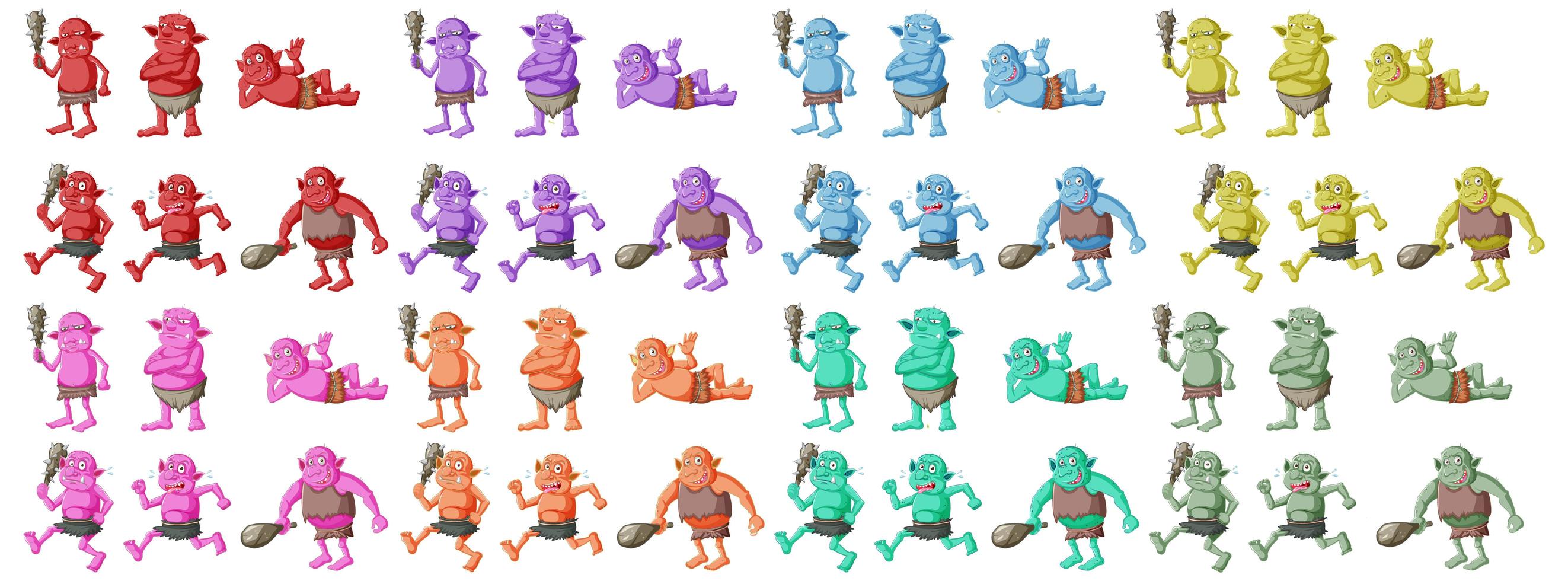 set van kleurrijke goblin of trol in verschillende poses vector