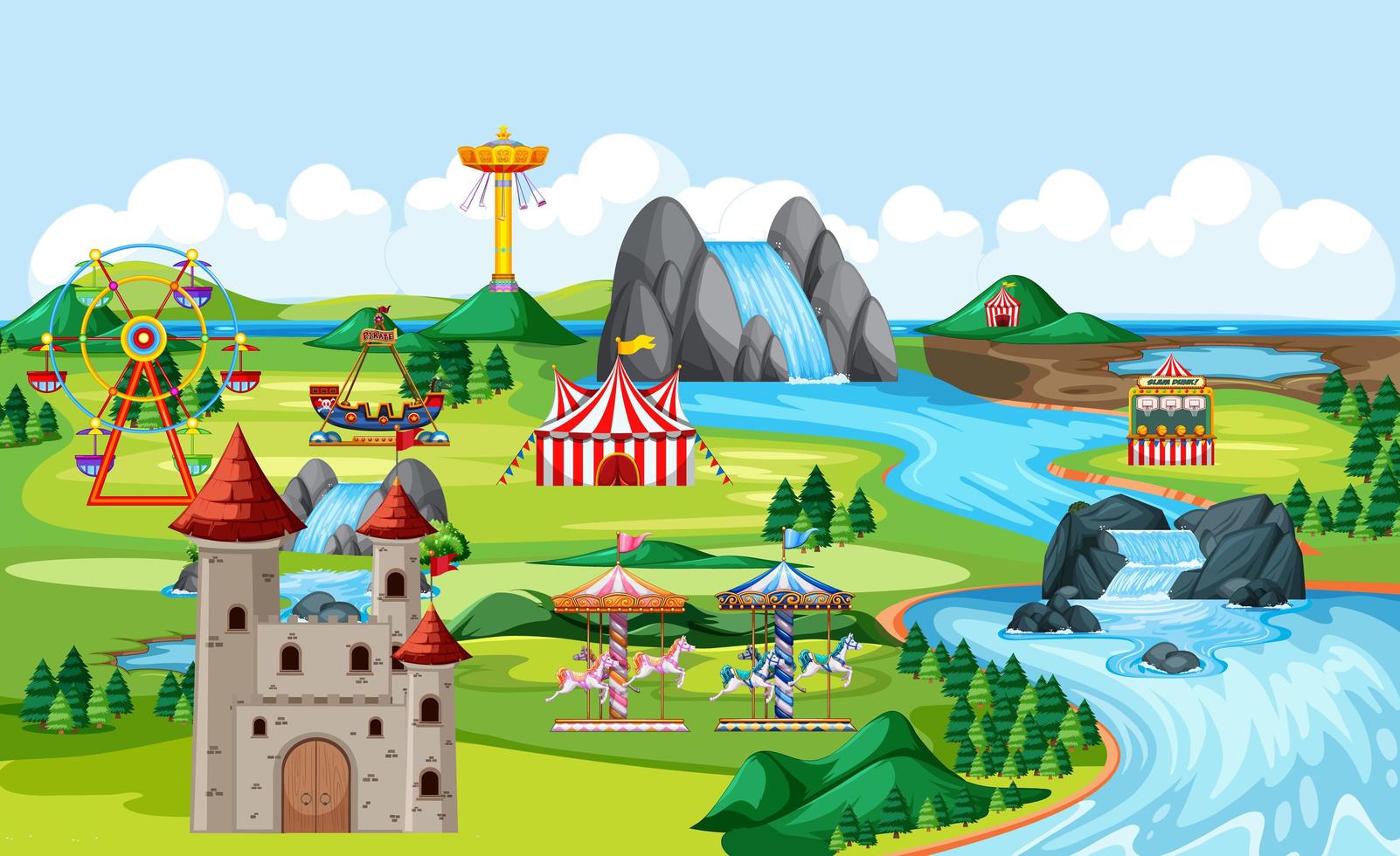 pretpark met kasteel en vele attracties vector