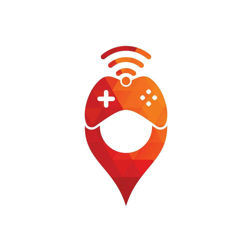 spel Wifi kaart pin vorm concept logo ontwerp sjabloon vector. bedieningshendel en Wifi logo combinatie. gamepad en signaal symbool of icoon vector