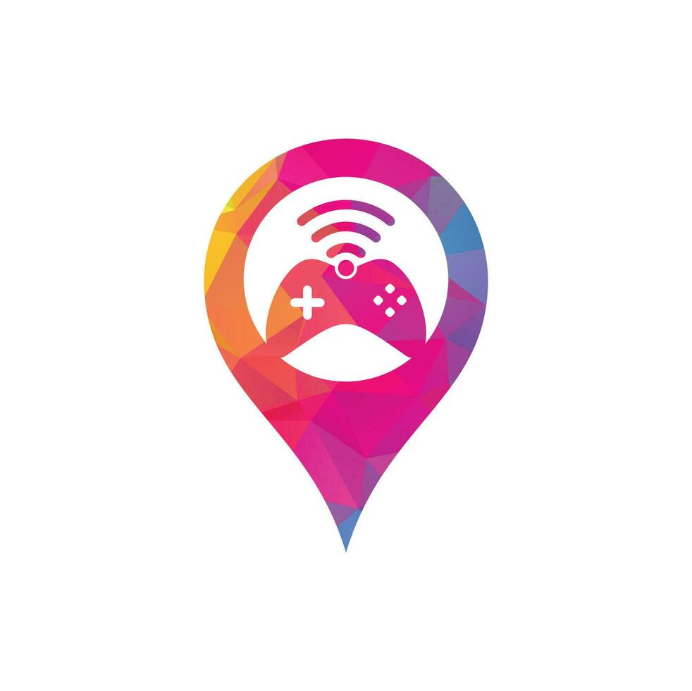spel Wifi kaart pin vorm concept logo ontwerp sjabloon vector. bedieningshendel en Wifi logo combinatie. gamepad en signaal symbool of icoon vector