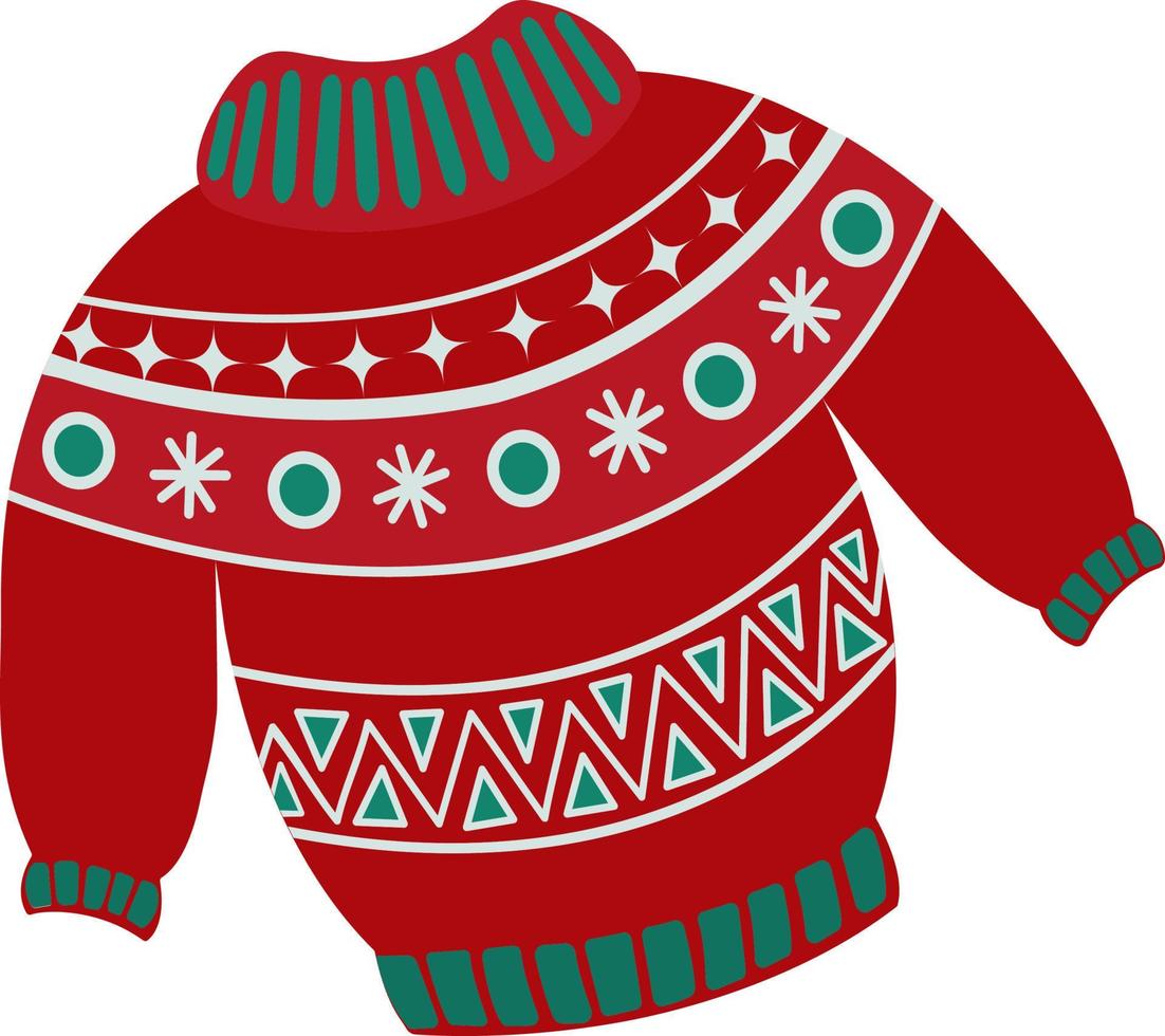 Kerstmis trui of jumper met winter patronen met sneeuwvlokken. gebreid wollen warm stoppen in rood tonen. vector hand getekend illustratie in tekenfilm stijl. winter mode.