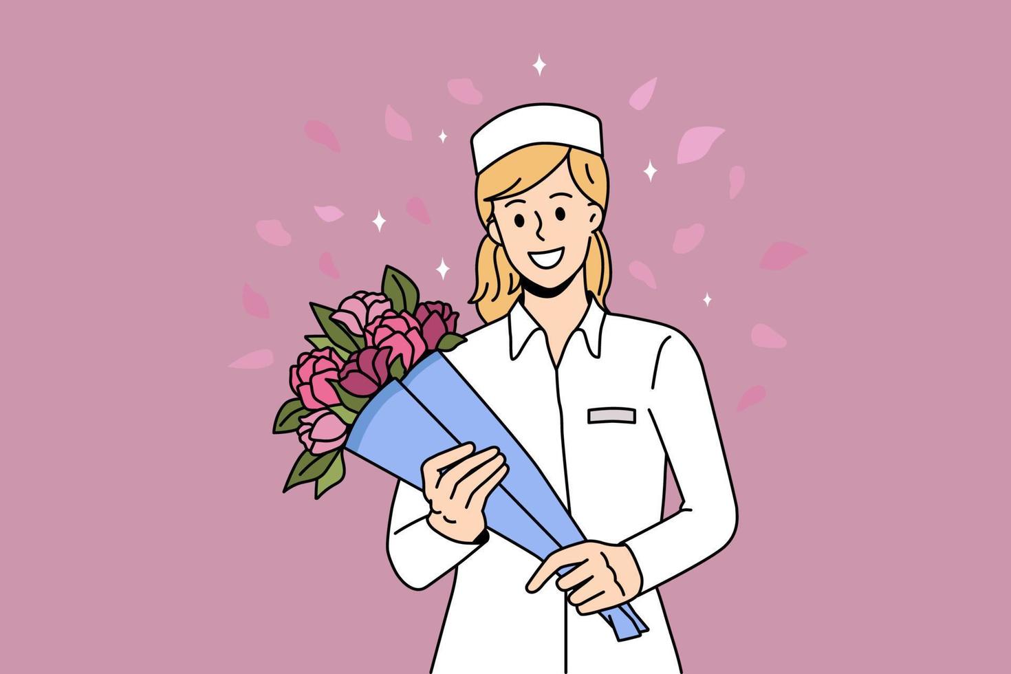 dank u dokter en verpleegsters concept. glimlachen vrouw dokter of verpleegster staand met boeket van bloemen vechten coronavirus vector illustratie