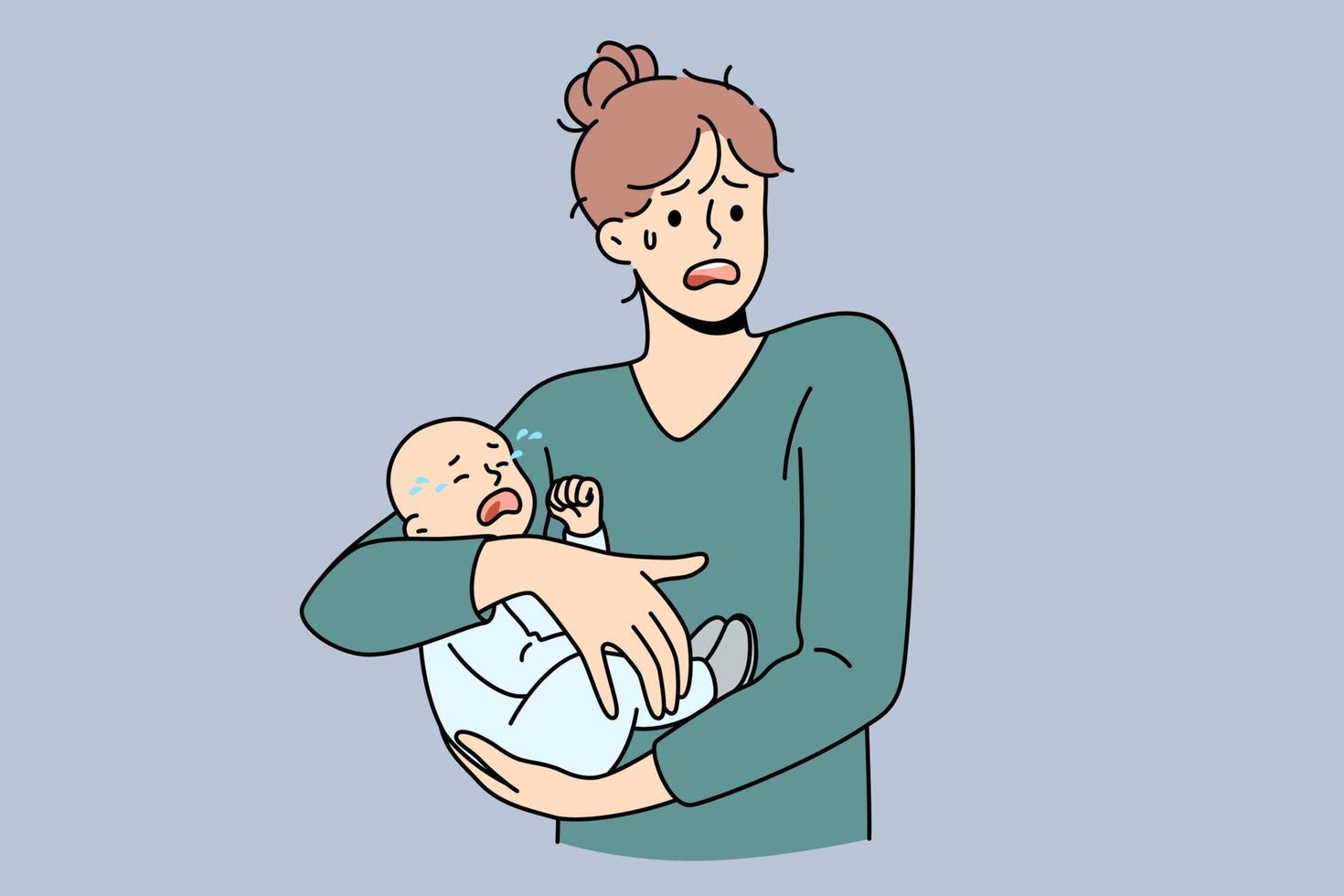 moederschap problemen en spanning concept. jong benadrukt vrouw moeder Holding haar huilen zuigeling baby Aan handen gevoel nerveus gefrustreerd postpartum depressie vector illustratie