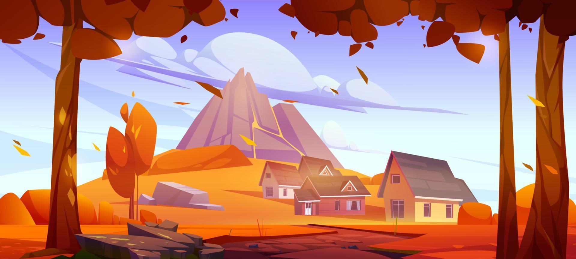 herfst landschap met berg, dorp huizen vector