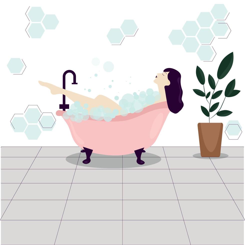 een vrouw in de badkamer. baden. zeep bubbels. bad. water behandeling. de meisje. illustratie. poster. vector