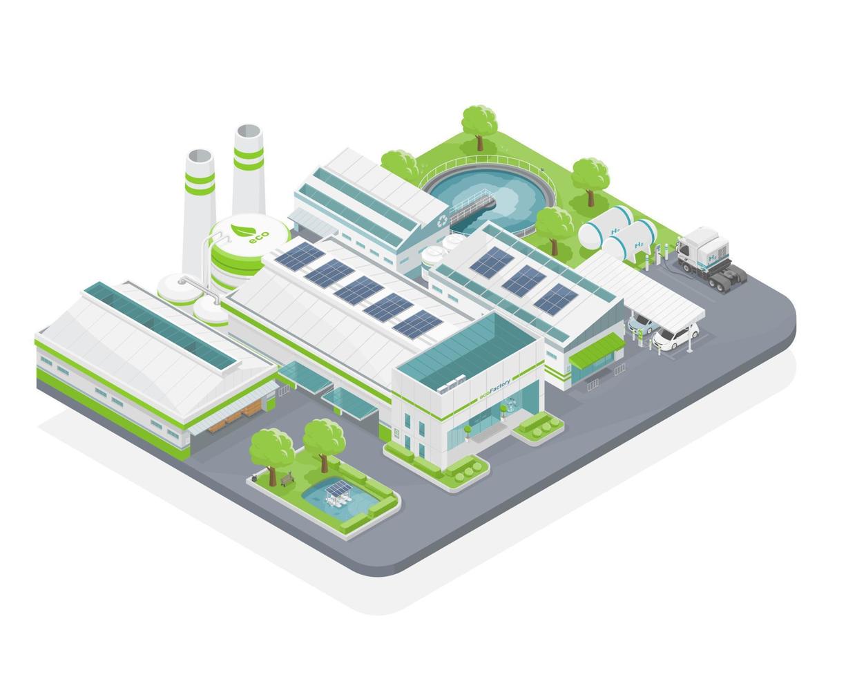 eco fabriek in ecologie voor industrie met zonne- cel energie en afvalwater behandeling en waterstof macht station en ev auto park Aan groen isoleren isomatrisch vector