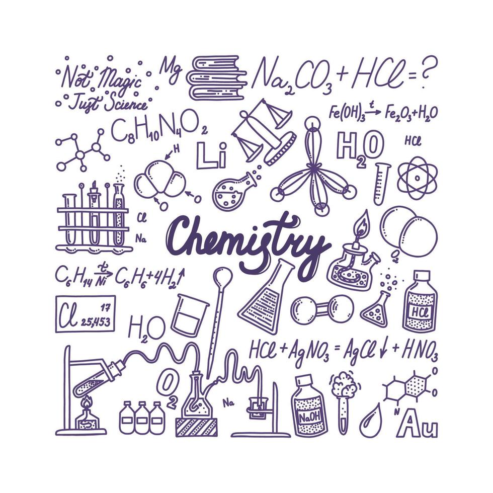 chemie banier met belettering. hand- getrokken voorwerpen geassocieerd met chemie en experimenten. vector illustratie in tekening stijl