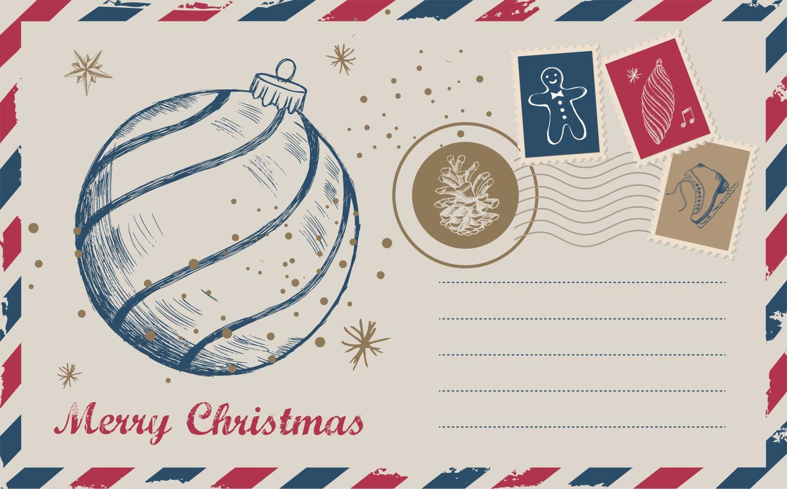 kerstpost, ansichtkaart, handgetekende illustratie. vector