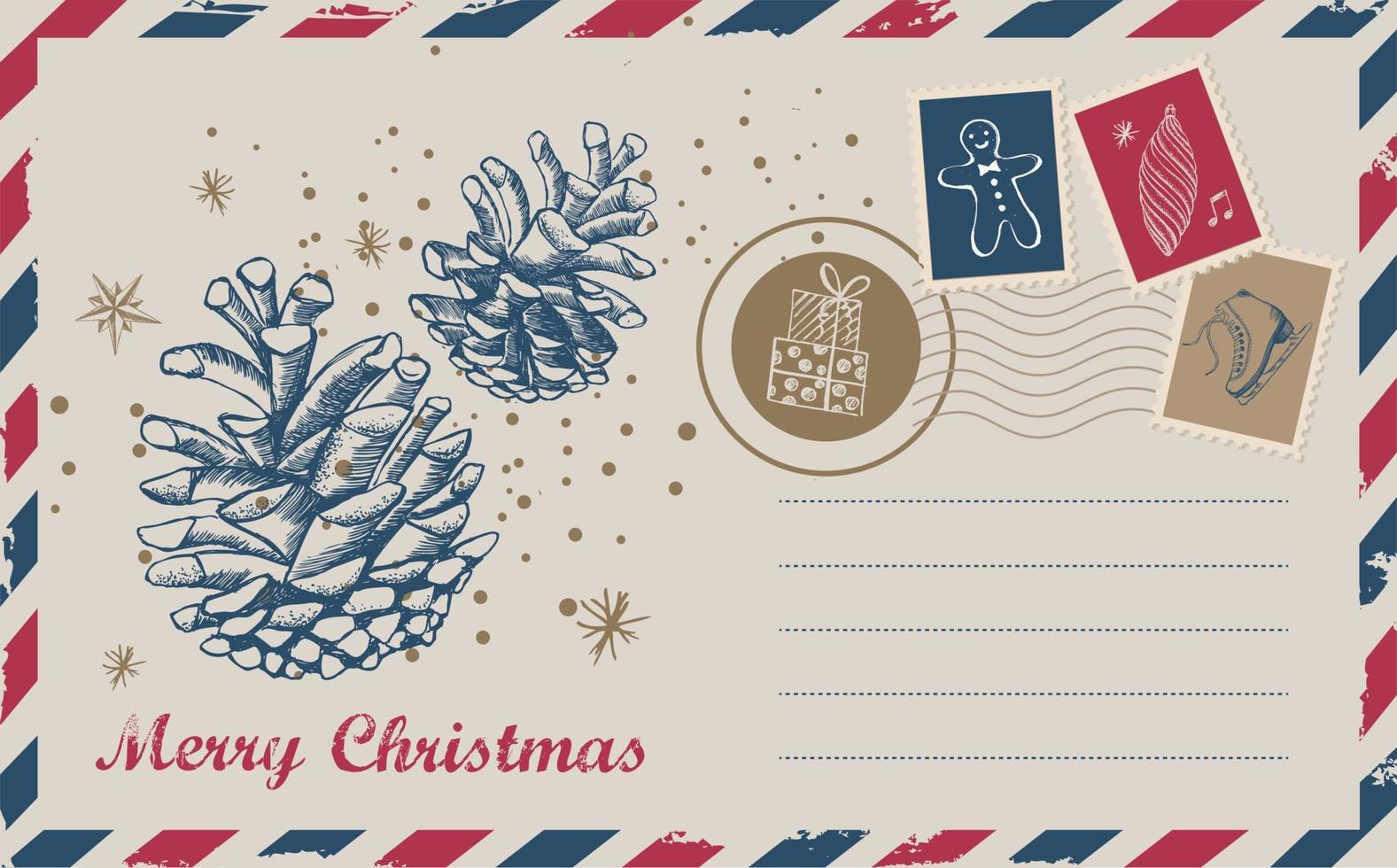 kerstpost, ansichtkaart, handgetekende illustratie. vector
