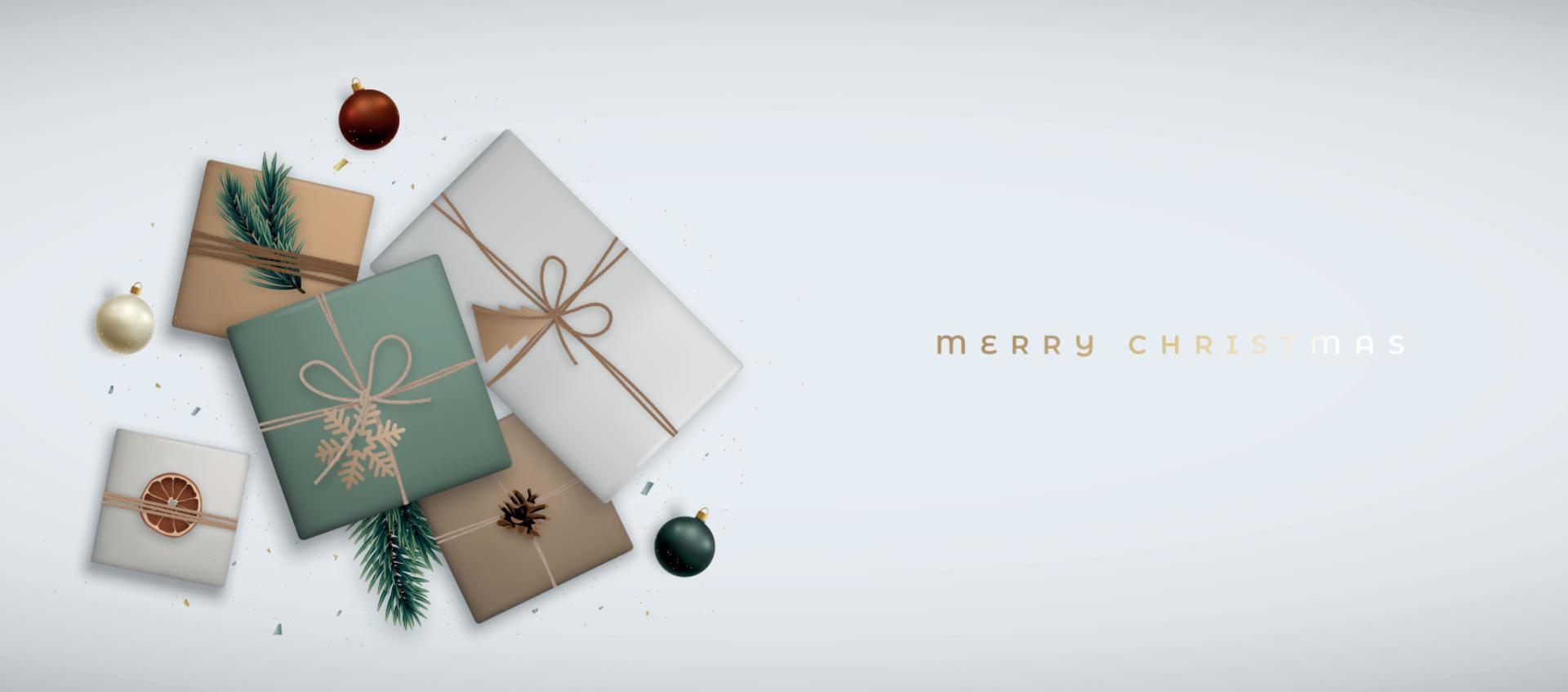 Kerstmis banier met top visie. vlak leggen samenstelling met realistisch ambacht geschenk dozen Aan grijs achtergrond. vector
