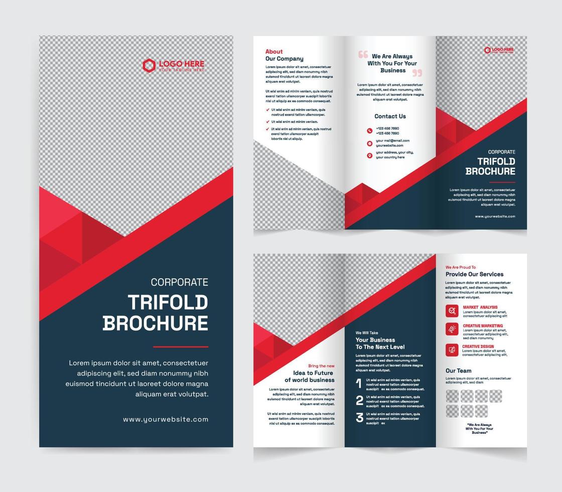 zakelijke drievoud brochure sjabloon. modern, creatief, en professioneel drievoud brochure vector ontwerp. gemakkelijk en minimalistische lay-out met blauw en rood kleuren. zakelijke bedrijf drievoud brochure.