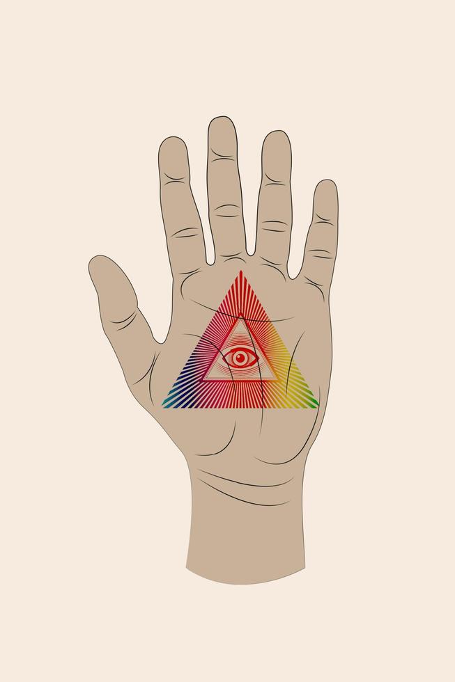 Open palm met allemaal zien oog heilig vrijmetselaars- symbool, derde oog, psychedelisch oog van voorzienigheid, driehoek piramide. nieuw wereld bestellen. kleurrijk icoon alchimie, geloof, spiritualiteit, occultisme. vector icoon