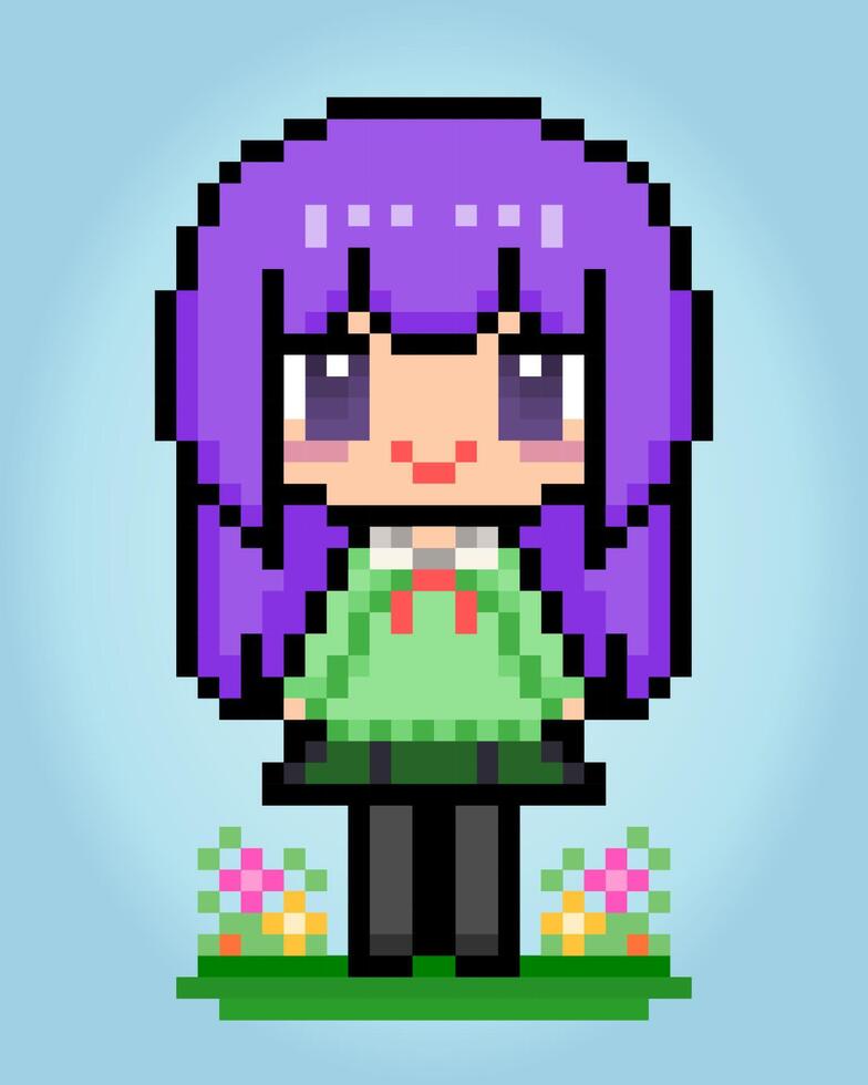 8 beetje pixels, Purper haren vrouw karakters. anime tekenfilm meisje in vector illustraties voor spel middelen of kruis stiksels patronen.