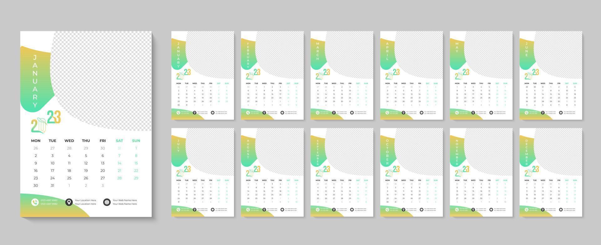 2023 jaar muur kalender ontwerp met maandelijks evenement afdrukbare kalenders sjabloon voor bedrijf agentschap pro vector