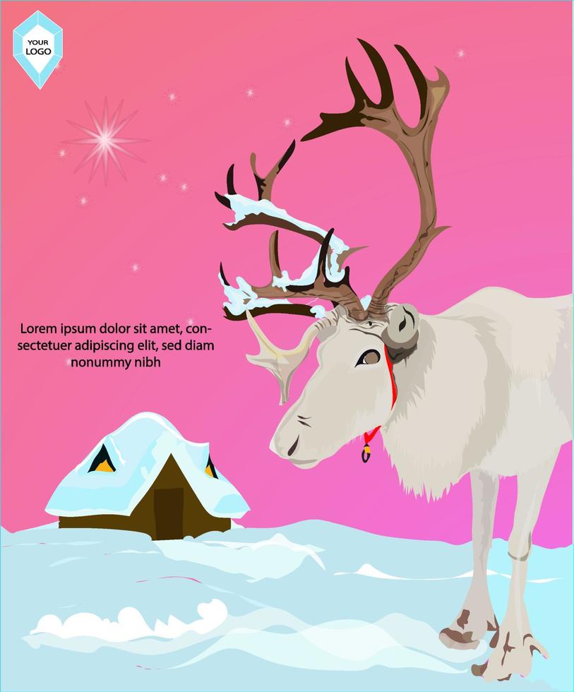 illustraties en vectoren, een eland met groot gewei in de sneeuw, en een afbeelding van een hut voor een warm voelen vector