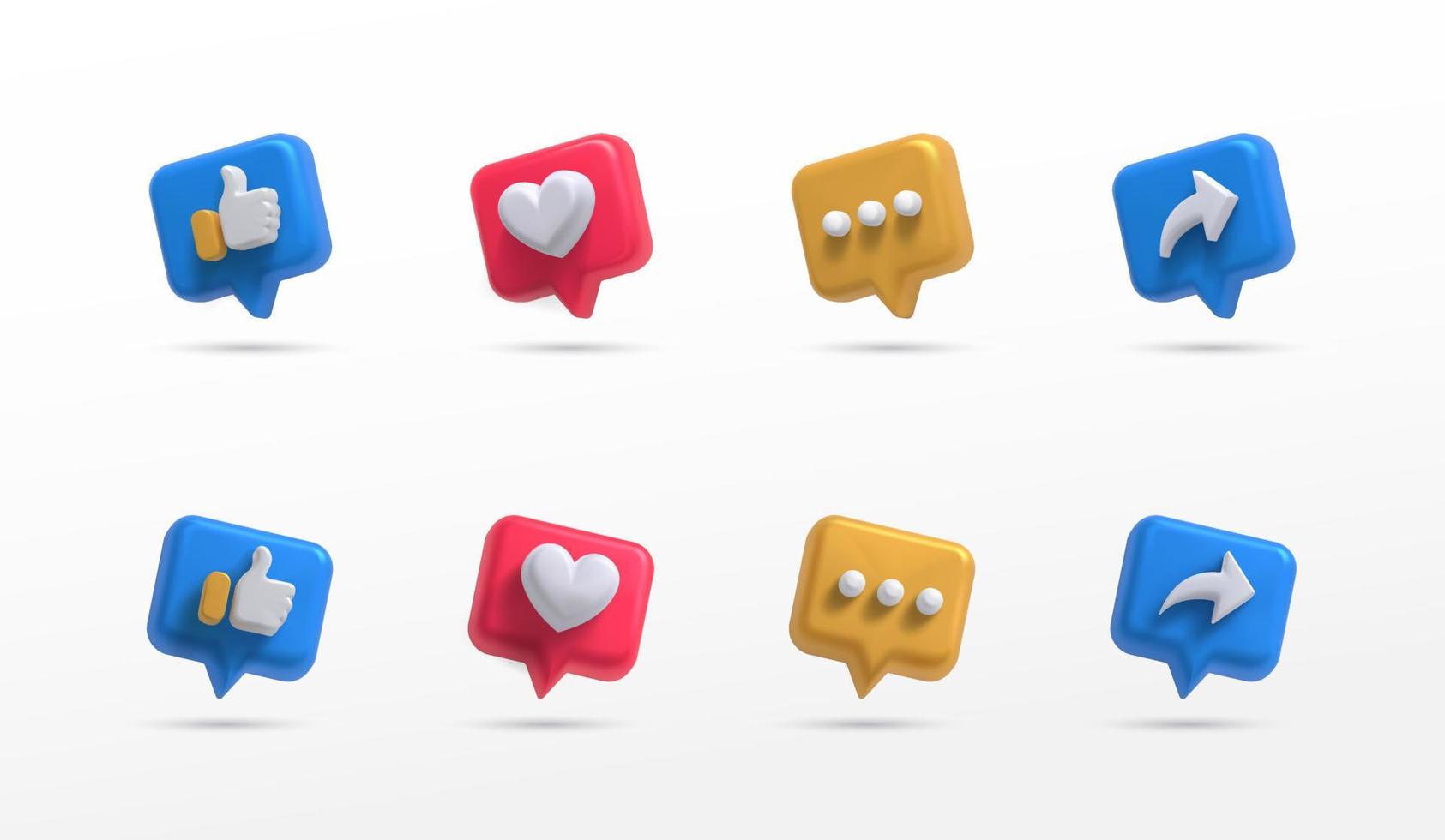sociale media icon set duimen, commentaar, delen en liefde 3D-stijl vector