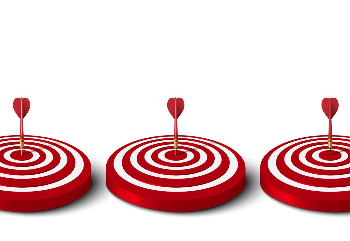 dichtbij omhoog van drie rood pijl raken naar centrum van rood dartbord. pijl Aan in de roos in doelwit. bedrijf succes, investering doel, kans uitdaging, doel strategie, prestatie project concept. 3d vector